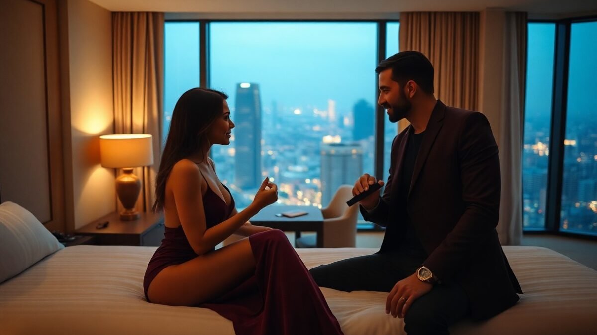 Romantic couple enjoying a luxurious hotel room with a stunning city view at night.