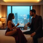 Romantic couple enjoying a luxurious hotel room with a stunning city view at night.