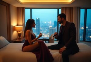 Romantic couple enjoying a luxurious hotel room with a stunning city view at night.