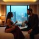 Romantic couple enjoying a luxurious hotel room with a stunning city view at night.