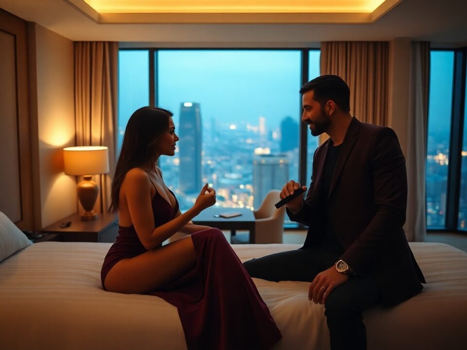 Romantic couple enjoying a luxurious hotel room with a stunning city view at night.