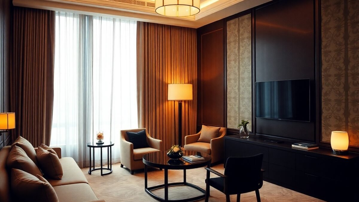 Luxurious hotel suite with comfortable seating, large windows, and modern decor.