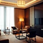 Luxurious hotel suite with comfortable seating, large windows, and modern decor.