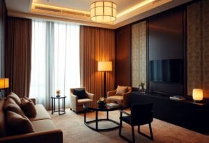Luxurious hotel suite with comfortable seating, large windows, and modern decor.