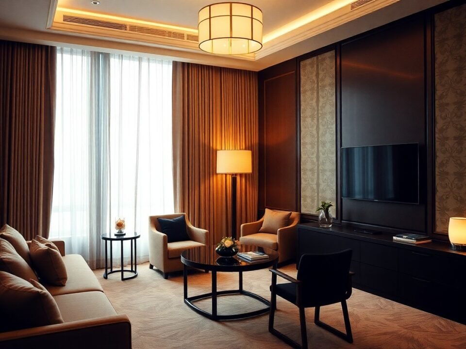 Luxurious hotel suite with comfortable seating, large windows, and modern decor.
