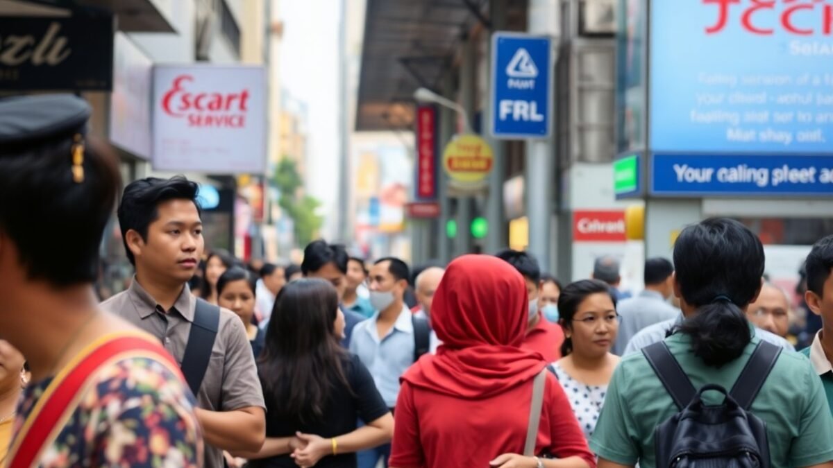 Busy street scene in Southeast Asia with people walking and shopping.