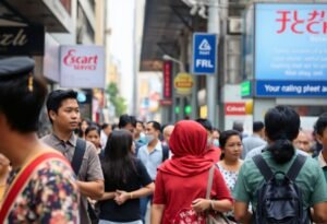 Busy street scene in Southeast Asia with people walking and shopping.
