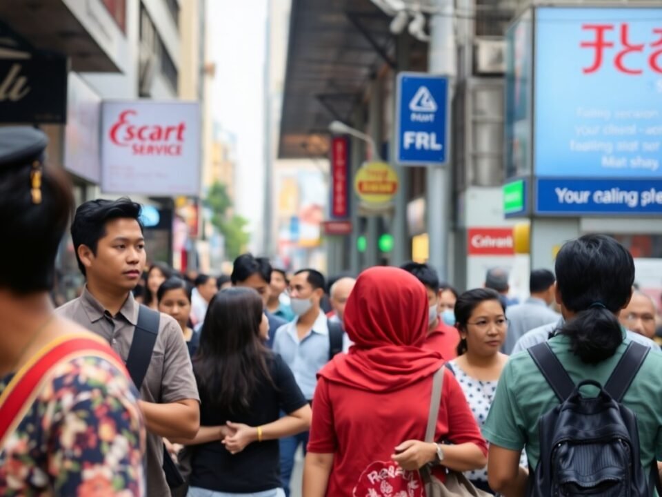 Busy street scene in Southeast Asia with people walking and shopping.