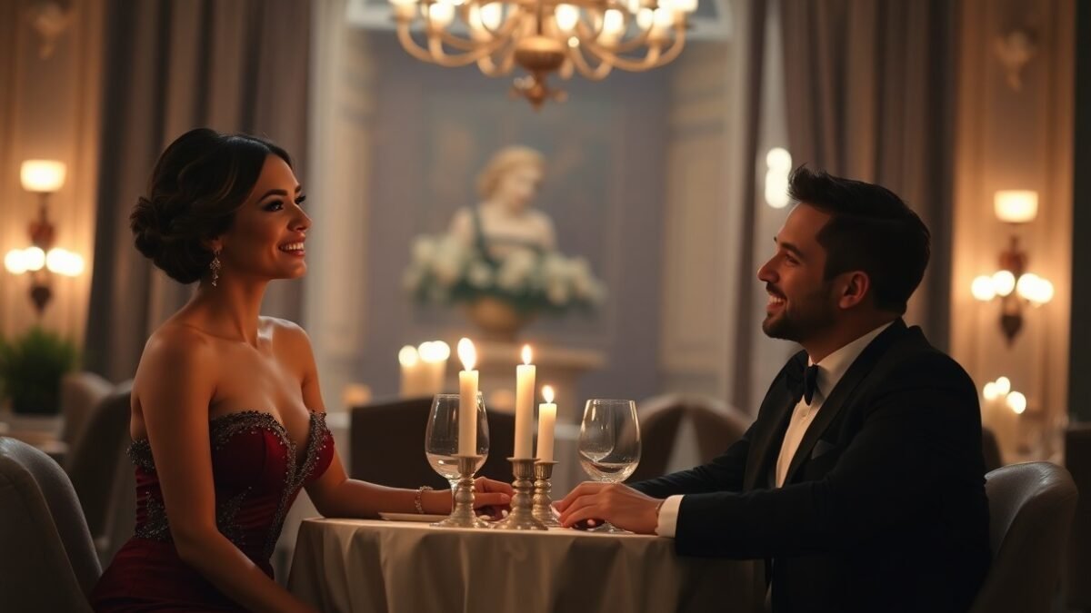 Romantic candlelit dinner for two at a fine dining restaurant.