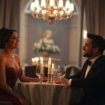 Romantic candlelit dinner for two at a fine dining restaurant.