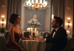 Romantic candlelit dinner for two at a fine dining restaurant.
