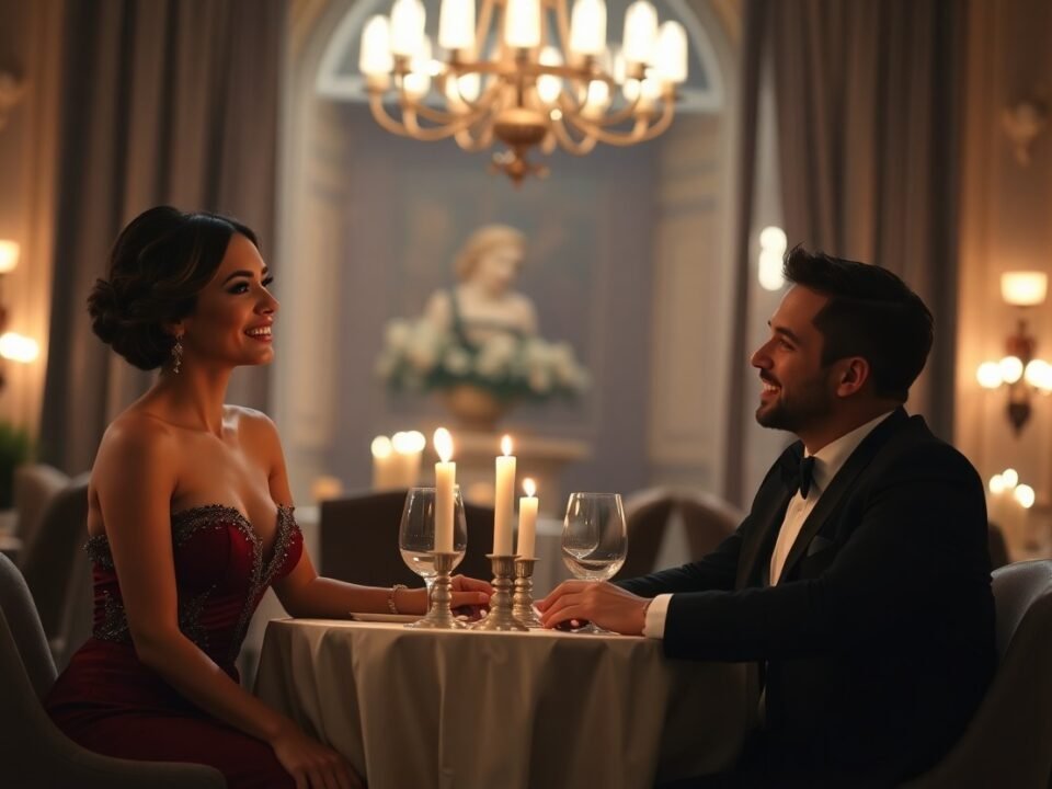 Romantic candlelit dinner for two at a fine dining restaurant.