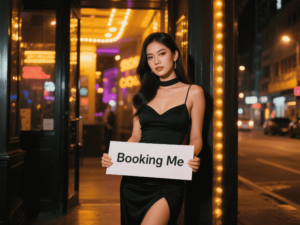 Woman in black dress holding "Booking Me" sign. KL escort.