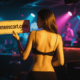 Woman holding sign: meescort.com. KL nightclub background.