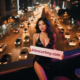 Woman holding sign for klescortmy.com, Kuala Lumpur cityscape background.