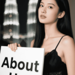 Woman holding a sign that says "About Us"