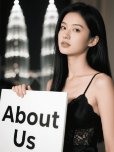 Woman holding a sign that says "About Us"