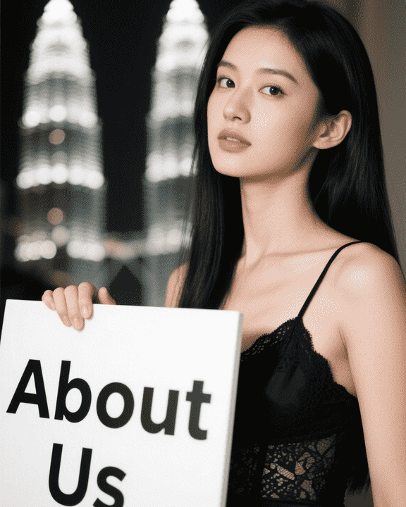 Woman holding a sign that says "About Us"