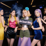 Five women in stylish dresses hold a sign that says "Hot Escort Girls.
