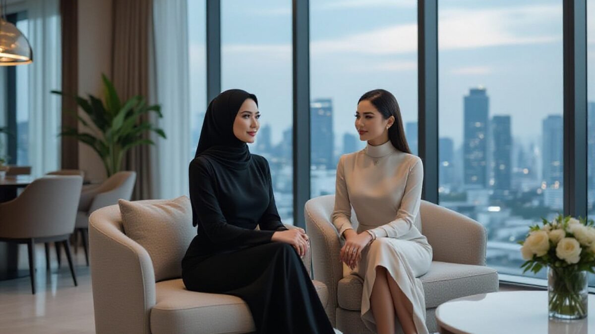 Two elegant women in stylish dresses sit in a modern high-rise with city views.