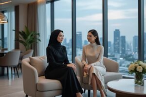 Two elegant women in stylish dresses sit in a modern high-rise with city views.