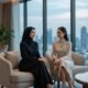 Two elegant women in stylish dresses sit in a modern high-rise with city views.