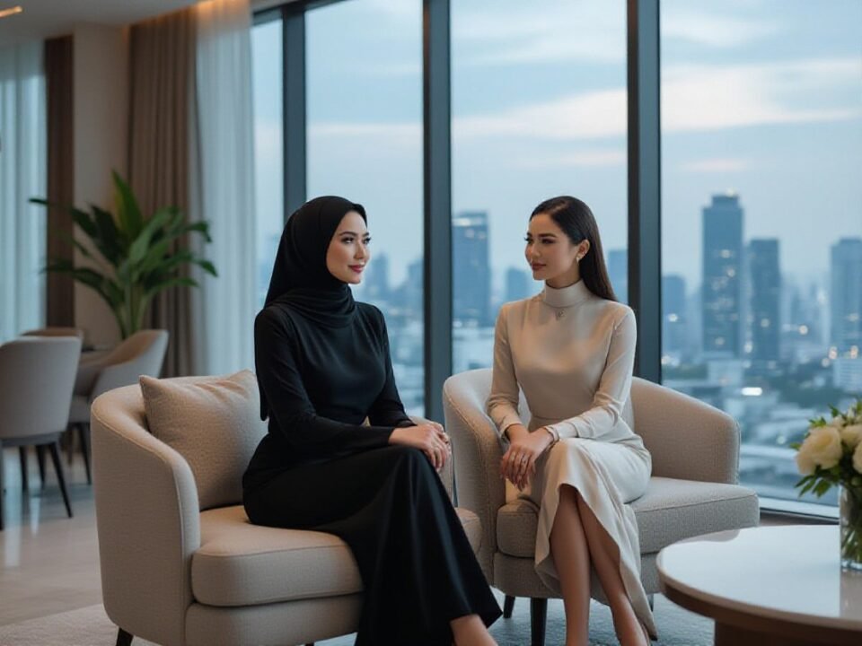 Two elegant women in stylish dresses sit in a modern high-rise with city views.