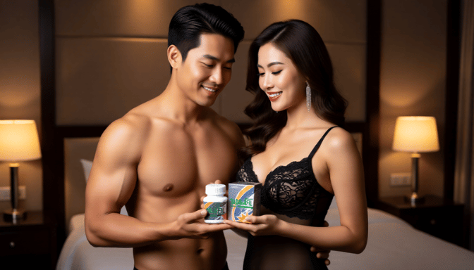 Couple holding Cialis Tadalafil 100mg, performance enhancement supplement.