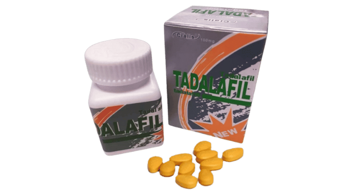 Cialis Tadalafil 100mg pills, bottle, and box. Performance enhancement medication.