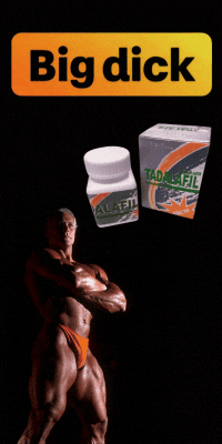 Bodybuilder with Tadalafil pills and box. Text: "Big dick