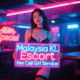 Woman holding "Malaysia KL Escort Sex Call Girl Service" sign in neon-lit bar.