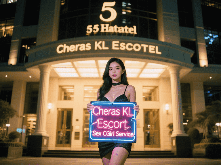 Woman holding "Cheras KL Escort" sign in front of a building at night.