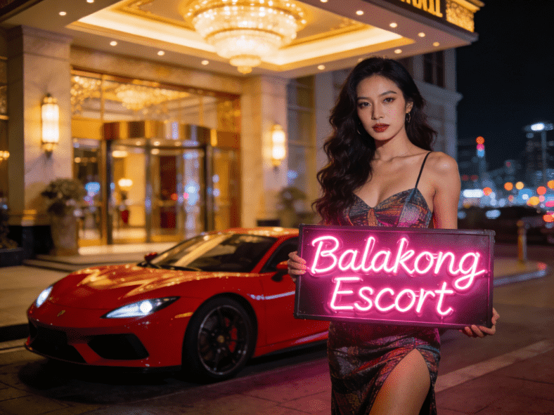 Woman holding "Balakong Escort" neon sign in front of luxury hotel and red sports car.
