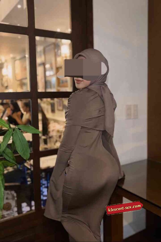 Woman in brown dress and hijab posing indoors by window.