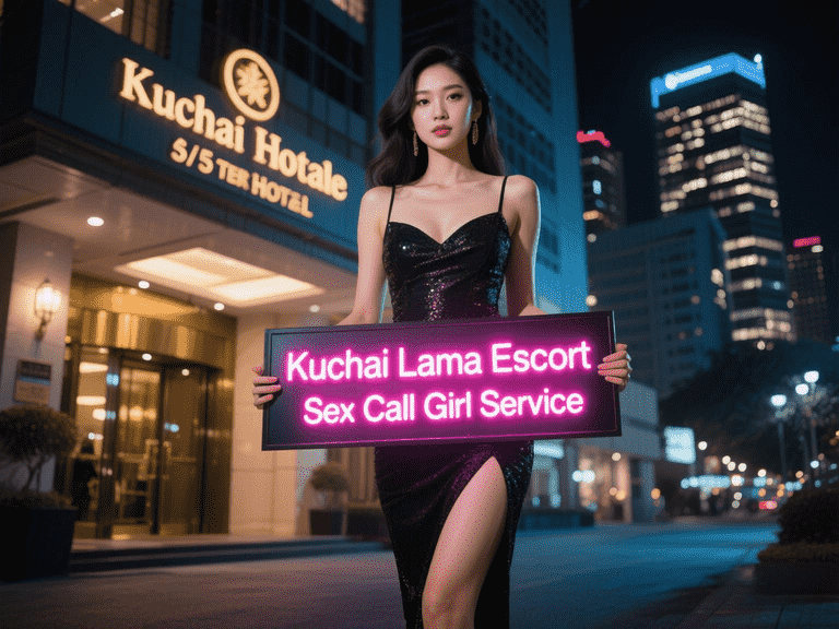 Woman in dress holding "Kuchai Lama Escort" sign in front of hotel at night.