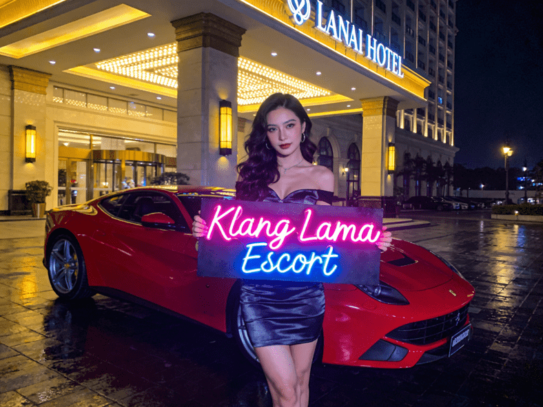 Woman holding "Klang Lama Escort" sign in front of red Ferrari at night.