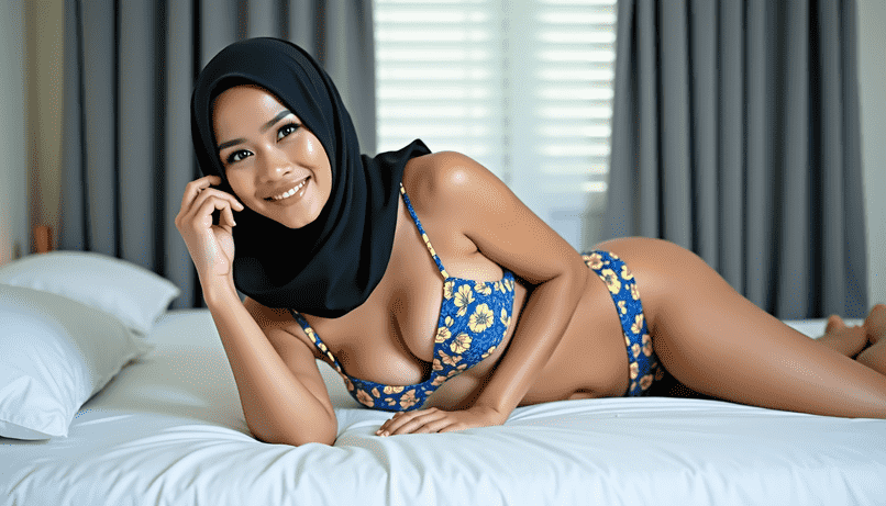 Woman in hijab and bikini lying on bed smiling.