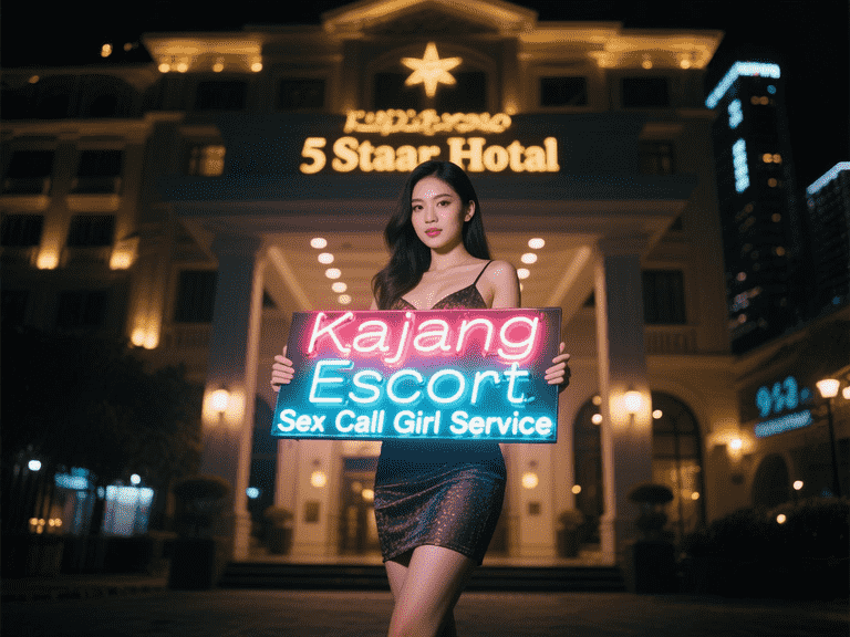 Woman holding "Kajang Escort" sign in front of hotel at night.