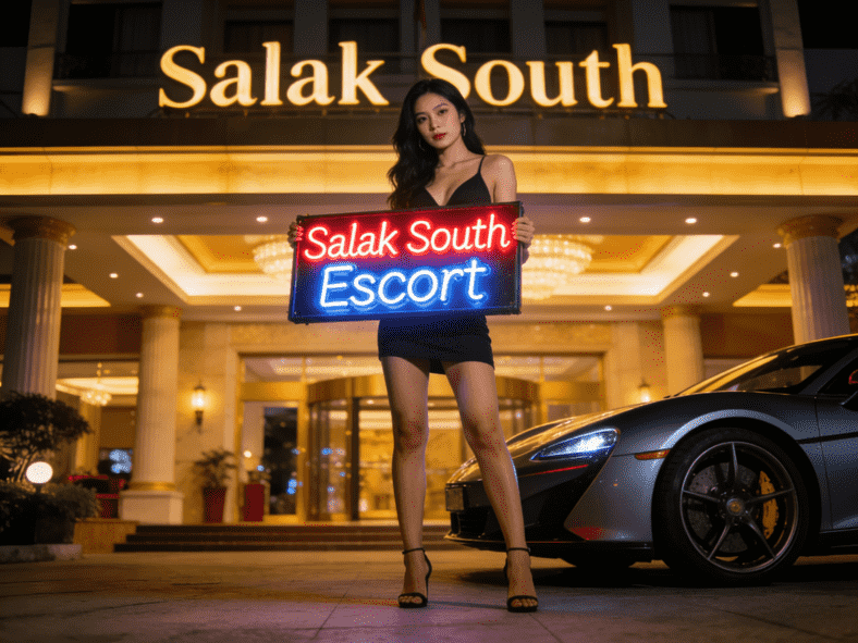 Woman holding "Salak South Escort" neon sign in front of building and car.