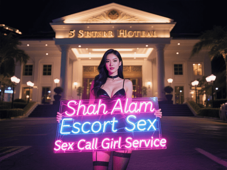 Woman holding "Shah Alam Escort Sex" sign in front of a hotel at night.