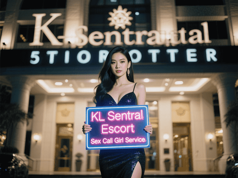 Woman holding 'KL Sentral Escort' sign in front of hotel. Night shot.
