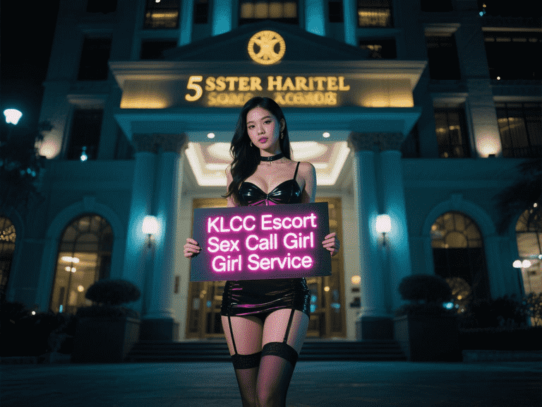 Woman in lingerie holding "KLCC Escort" sign in front of a hotel.