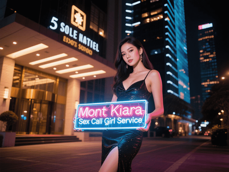 Woman in dress holding "Mont Kiara Sex Call Girl Service" sign at night.