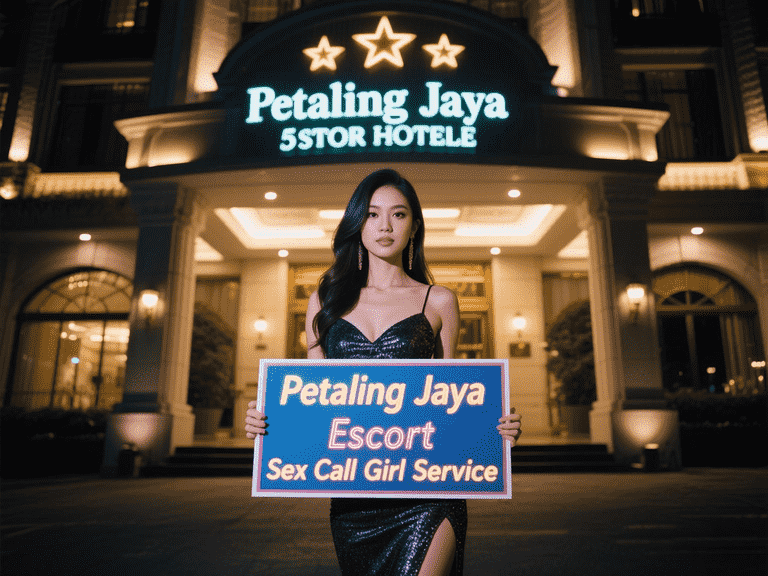 Woman holding Petaling Jaya Escort sign in front of hotel.