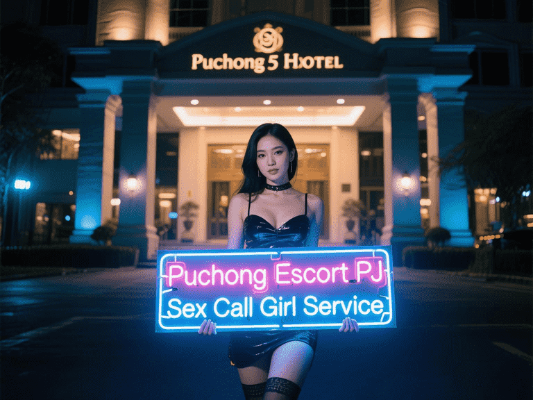 Woman holding neon sign for Puchong escort service in front of hotel.