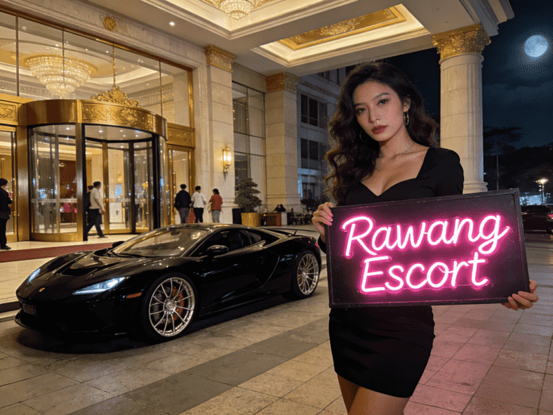 Woman holding "Rawang Escort" neon sign in front of black supercar and luxury building.