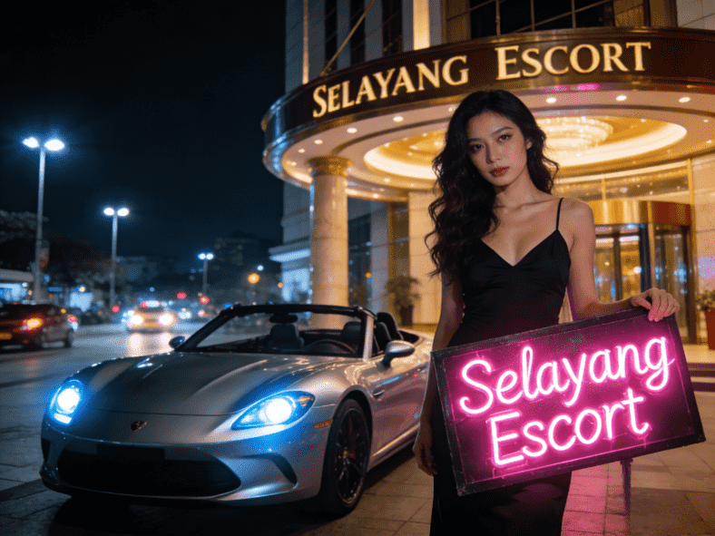 Woman in dress holding "Selayang Escort" sign in front of car and building at night.