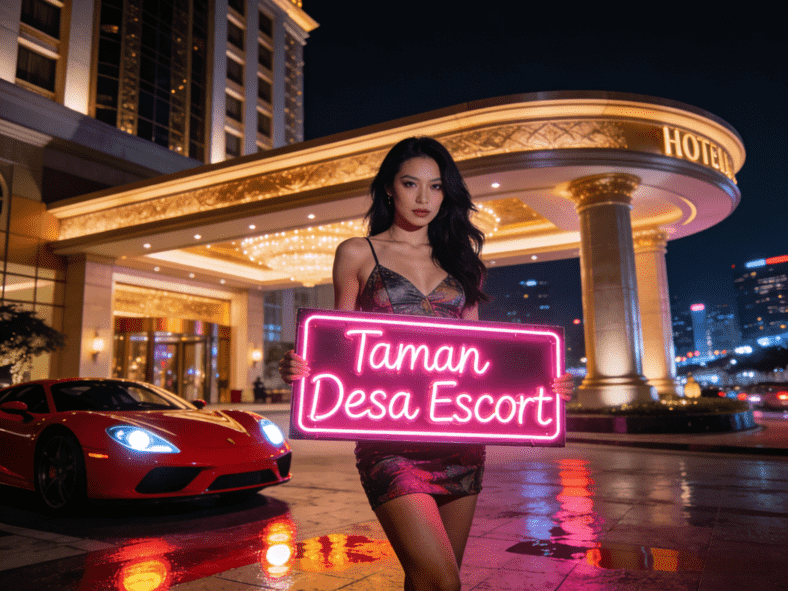 Woman holds "Taman Desa Escort" sign near luxury hotel and red sports car.