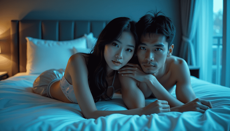 KL Escort Girl Asian couple lying on bed looking at camera with blue lighting Sex Service Malaysia