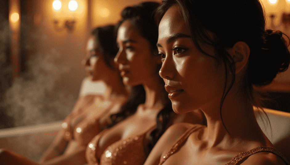 KL Escort Girl Three women in shimmering dresses in a dimly lit, opulent setting. Sex Service Malaysia